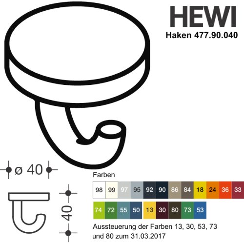 HEWI 477.90.040 97 Haken Serie 477 d:40mm als Unterkopfhaken lichtgrau