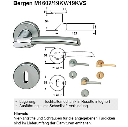 Hoppe Bergen M1602/19KV/19KVS, PZ Rosettengarnitur, Messing (matt/Aluminium stahlfarben)