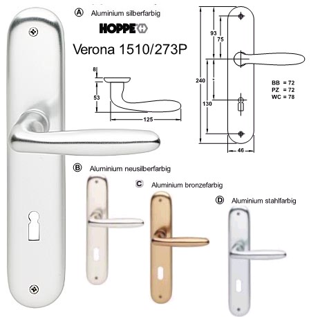 Hoppe Verona 1510/273P WC Zimmer Langschild Garnitur Aluminium neusilberfarbig eloxiert