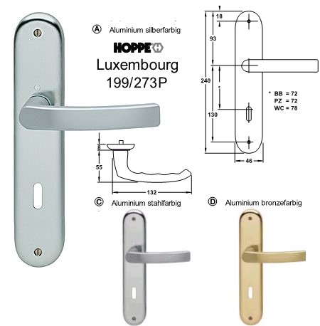 Hoppe Luxembourg 199/273P PZ Zimmer Langschild Garnitur Aluminium bronzefarben eloxiert