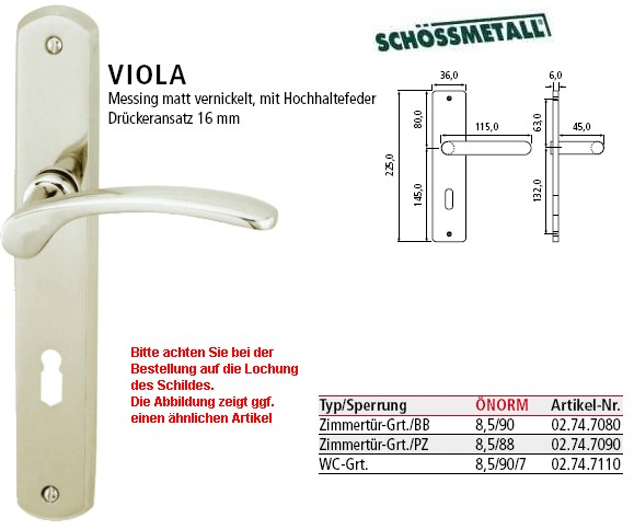 Schssmetall Viola WC Langschildgarnitur <b> Norm</b> in Messing matt vernickelt