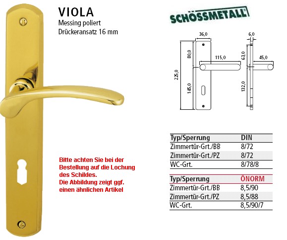 Schssmetall Viola BB Langschildgarnitur <b> Norm</b> in Messing poliert